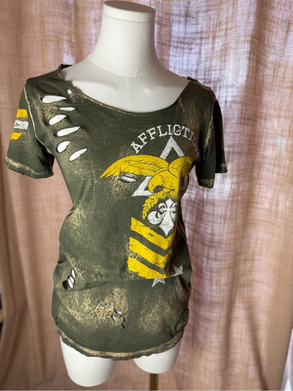 Affliction Olive Green & Yellow Distressed Graphic Tee